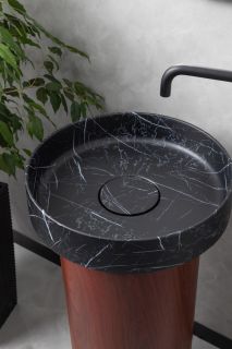 Накладная раковина с пьедесталом золото Armadi Art Sole Corian 801-NM+801-Base-Rwood Nero Marquina/красное дерево